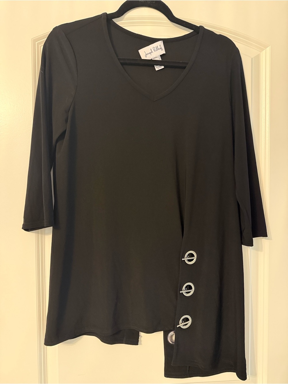 Joseph Ribkoff Black V-Neck Top with Silver Ring Accents